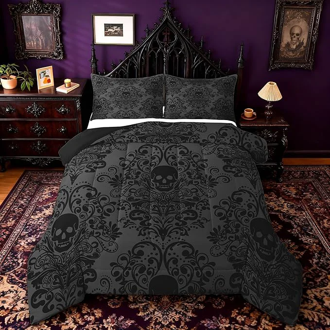 Efficient Feelyou Adults Gothic Skull Bedding Set Twin Size Kids Damask Print Comforter Goth Bohemian Duvet Breathable Soft Lightweight Microfiber Dark Olive Green Room Decor with 1 Pillowcase Refined