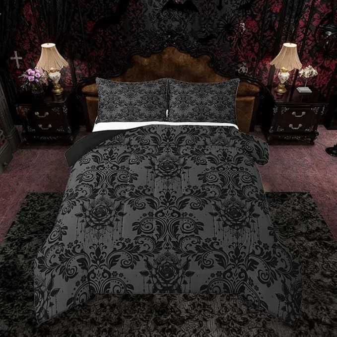 Classic Feelyou Adults Gothic Comforter Set All Season Dark Olive Green Damask Bedding Set with 1 Pillow Cases Vintage Rose Microfiber Kids Twin Bedroom Decor Duvet Quilt Breathable Soft Lightweight