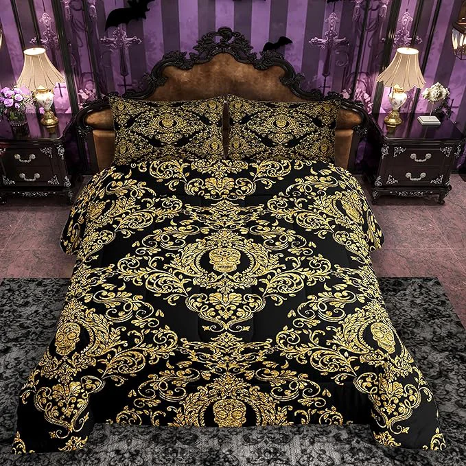 Verified Feelyou Adults Golden Vintage Damask Floral Comforter Set Oriental Antique Comforter King Size Gothic Bohemia Boho Bedding Set Exotic Sugar Skull Duvet Set Quilt Set 3Pcs Trendy