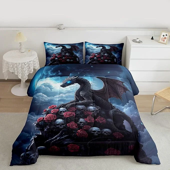 User-Friendly Castle Fairy Dragon Kids Comforter Set Halloween Skull Super Soft Microfiber Bedding Set for Adults Men Romantic Red Rose Decorative Comforter Set Queen Size 3 Pcs Secure