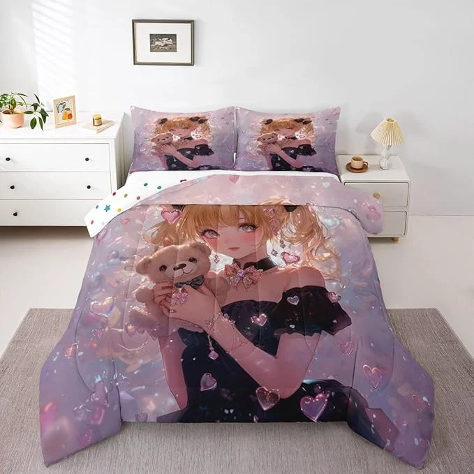 Eco-Friendly Erosebridal Bow Girls Twin Down Comforter Pink Kawaii Cartoon Anime Kids Comforter Set with 1 Pillow Case Romantic Aesthetic Princess Bedding Set Japanese Style Girl Bed Set Advanced