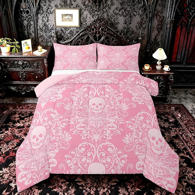 Environmentally Friendly Feelyou Adults Gothic Skull Bedding Set Twin Size Kids Damask Print Comforter Goth Bohemian Duvet Breathable Soft Lightweight Microfiber Pink White Room Decor with 1 Pillowcase Quality