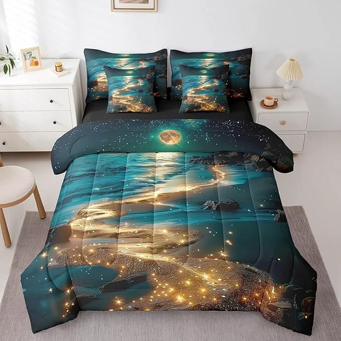 Professional Feelyou Moonlight Beach Comforter Set 7 Pieces Queen Size Seaside Moon Bedding Set for Boys Girls Ocean Bed in a Bag with Comforter Sheets Pillowcases amp Cushion Covers Genuine