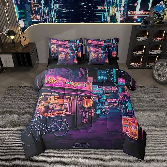 Contemporary Feelyou Japan Art Comforter Set 7 Pieces Full Size Tokyo Anime Bedding Set for Boys Girls Japanese Night City Bed in a Bag with Comforter Sheets Pillowcases amp Cushion Covers Dependable