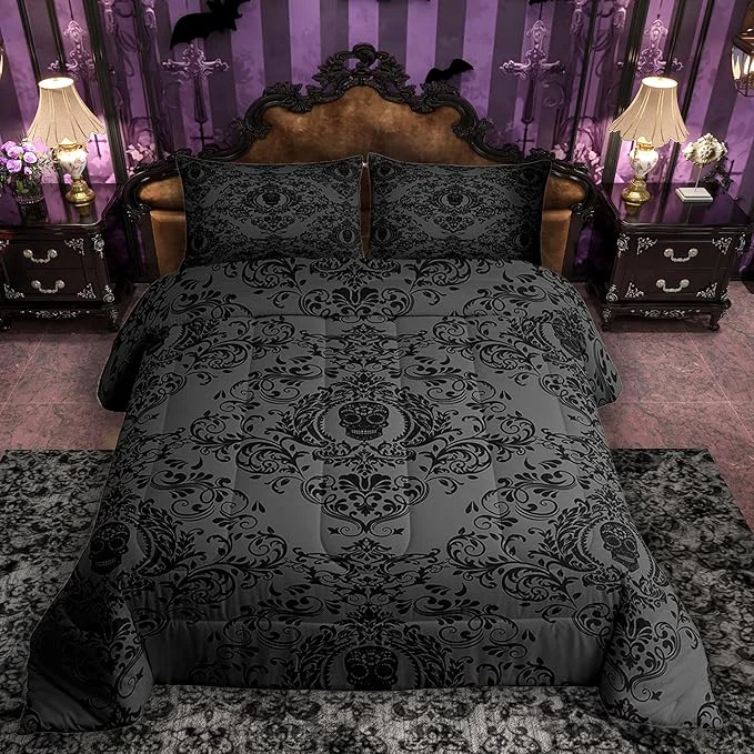 Selected Feelyou Adults Black Vintage Damask Floral Comforter Set Oriental Antique Comforter Twin Size Gothic Bohemia Boho Bedding Set Exotic Sugar Skull Duvet Set Quilt Set 2Pcs Crafted