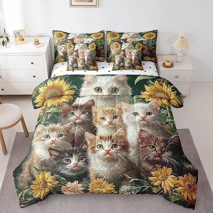 Traditional Feelyou Cute Cat Comforter Set 7 Pieces Full Size Sunflower Bedding Set for Boys Girls Kawaii Pet Kitten Bed in a Bag with Comforter Sheets Pillowcases amp Cushion Covers Certified