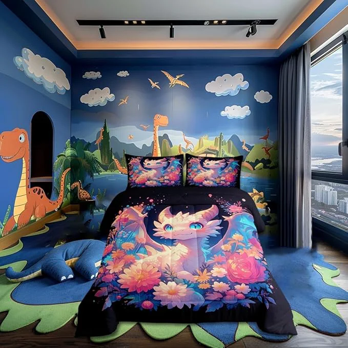 Detailed Castle Fairy Dragon Comforter Set Toddler Size 2 Pcs Watercolor Flower Bedding Set Cute Wildlife Western Animals Quilt Set for Child Bedroom Duvet Insert 1 Pillowcase Consistent