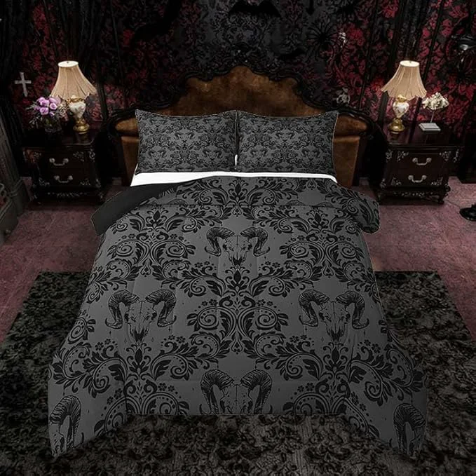Clean Feelyou Adults Gothic Comforter Set Full Size Dark Olive Green Damask Comforter Goat Head Bohemia Boho Bedding Set Goth Duvet Set Vintage Victorian Baroque Floral Quilt Set 3Pcs Breathable