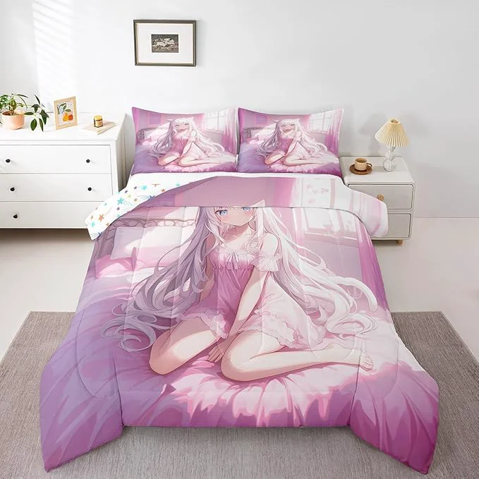 Quality Erosebridal Queen Size Japanese Anime Comforter Set for Kids Anime Girl Bedding Set Kawaii Japanese Style Quilt Cartoon Japan Animation Duvet Insert for Boys Teens Adult Women Bedroom Pink Safe