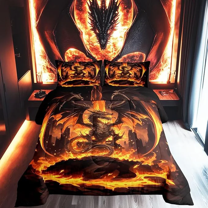 Premium Castle Fairy Dragon Comforter Set for Kids Flames Dragon Bedding Set Teens Boys Room Decor Orange Fire Western Animals Comforter with 1 Pillowcase for All Seasons Twin Practical