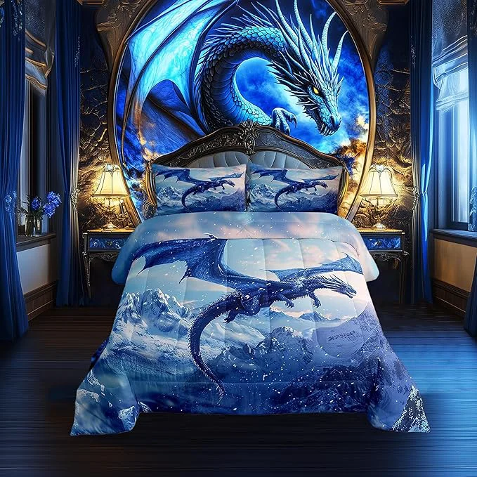 High-Quality Castle Fairy Flying Dragon Full Size Comforter Set Snow Mountain Bedding Set for Adults Teens Children Blue Dragon Comforter Luxury Winter Snow Scenery Quilt Set Room Decor 3Pcs Safe