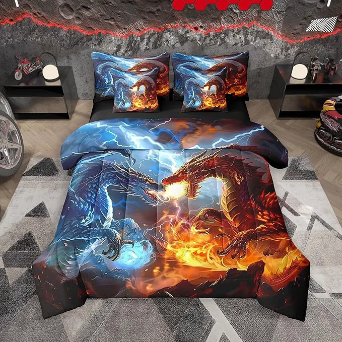 Easy-to-Use Feelyou Medieval Dragon Comforter Set 7 Pieces Full Size Lightning Fire Pattern Bedding Set for Boys Girls Ancient Wildlife Bed in a Bag with Comforter Sheets Pillowcases amp Cushion Covers Functional
