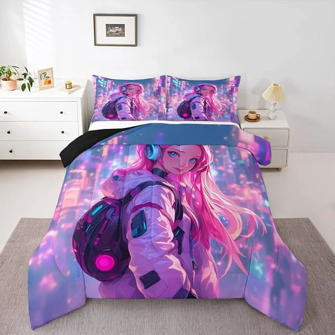 Superior Erosebridal Anime Girl Twin Comforter Set Japanese Style 3D Anime Down Comforter for Kids Girls Boys Room Decor Sci Fi Style Gaming Bedding Set Hot Pink Colorful Bed Duvet Insert Quality