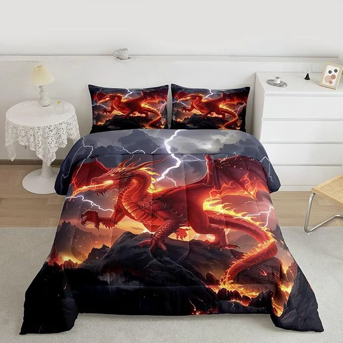 Organic Castle Fairy Dragon Bedding Set for Boys Girls Red Flame All Season Cozy Comforter Set Full Size Cool Wild Animals Duvet Set Bedroom Decor Personalized Birthday Gifts User-Friendly