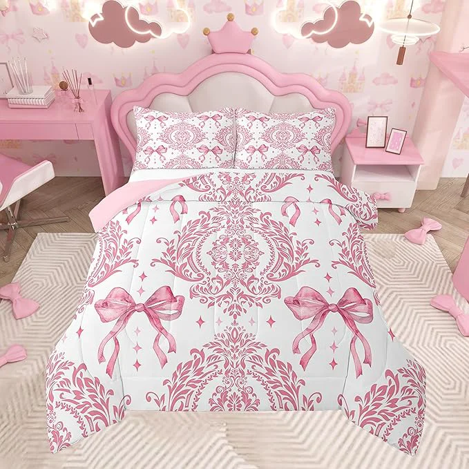 Fine Feelyou Girls Pink Bowknot Comforter Set King Size Gothic Damask Comforter Victorian-Themed Bedding Set Baroque Duvet Set Vintage Floral Quilt Set 3Pcs Exclusive