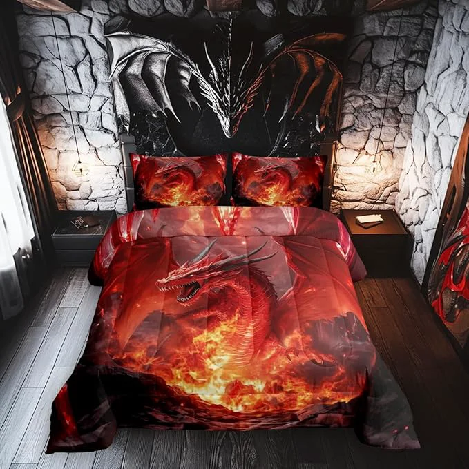 Unique Castle Fairy Dragon Comforter Set Glowing Flame Dragon Bedding Set for Kids Teens Wild Animals Cool al Style Quilt Set Duvet Insert 2 Pcs with 1 Pillowcase Toddler Versatile