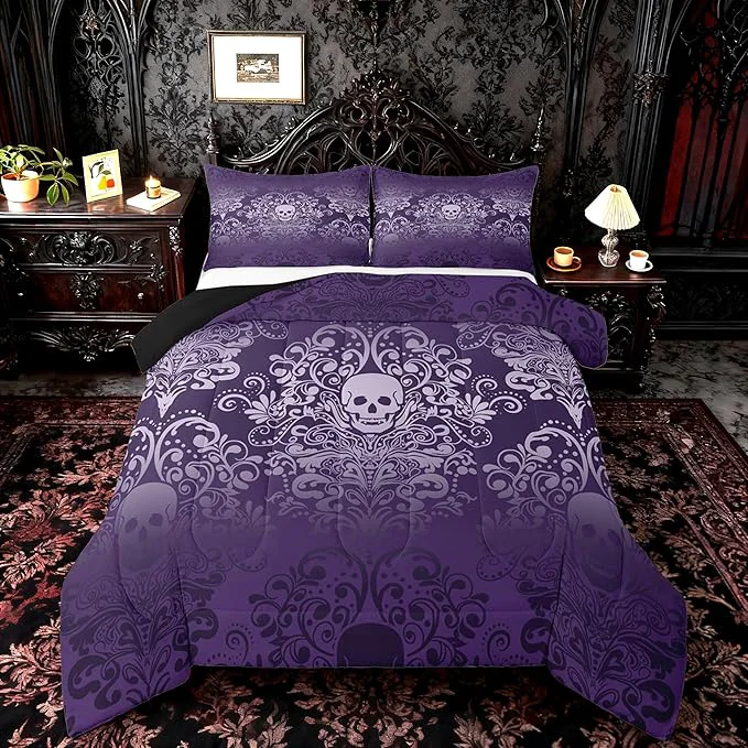 Traditional Feelyou Adults Gothic Skull Bedding Set Full Size Kids Damask Print Comforter Goth Bohemian Duvet Breathable Soft Lightweight Microfiber Purple Room Decor with 2 Pillowcases Innovative