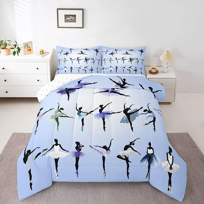 Fashionable Erosebridal Girl Comforter Set King Size Ballet Bedding Set for Girls Women Kids Teens Dancing Theme Down Comforter Classical Graceful Style Warm Soft 3 Pieces Bedroom Decor Quilt Set