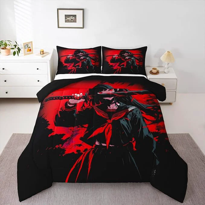 Luxury Erosebridal Japanese Anime Bedding Set for Kids Anime Girl Comforter Set Queen Size Japanese Girl Duvet Insert for Girls Teens Adult Room Kawaii Animation Red Black Quilt Machine Washable Specialty