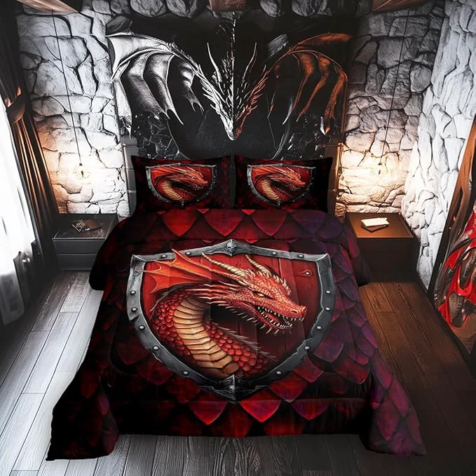 Specialty Castle Fairy Dragon Bedding Set for Boys Girls Western Fierce Animals All Season Cozy Comforter Set Full Size Dragon Scales Duvet Set Bedroom Decor Festival Gifts Expertly Made