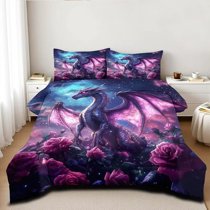 Next-Generation Boys Kids Dragon Comforter Set Queen Size Purple Rose Bedding Set 3 Pieces Modern Science Fiction Theme Bedding Soft Lightweight Comforter for All Season 2 Pillowcases Environmentally Friendly