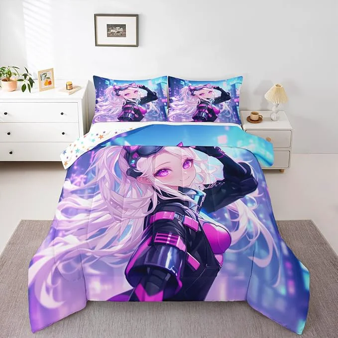 Advanced Erosebridal Girls Japanese Anime Bedding Set Toddler Kawaii Anime Girl Comforter Set Cartoon Girl Quilt for Kids Teens Adult Women Japanese Animation Sci Fi Style Duvet Insert Blue Purple Reusable