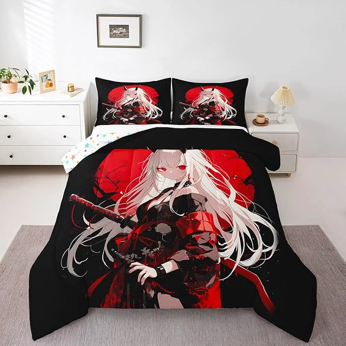 Stylish Erosebridal King Japanese Anime Bedding Set for Kids Anime Girl Comforter Set Kawaii Japanese Style Duvet Insert Cartoon Japan Animation Quilt for Boys Teens Adult Women Bedroom Red Black Versatile
