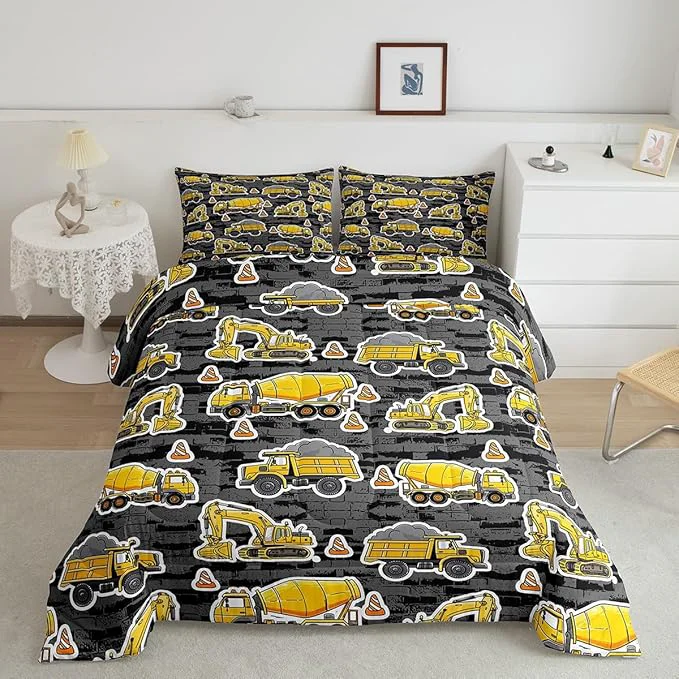 Sustainable Erosebridal Excavator Comforter Set King Concrete Truck Pattern Bedding Set Child Teens Construction Down Comforter for Kids Boys Cartoon Toy Cars Quilt Set Bedroom Decor Grey Smooth