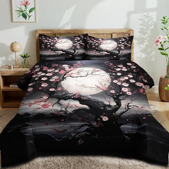 Elegant Japanese Style Cherry Blossom Comforter Set Full Pink Cherry Blossoms Bedding Black Floral Bedding Set 3Pcs Oriental Comforter Asian Art Decorative Bedding Comforter Set for All Season Advanced