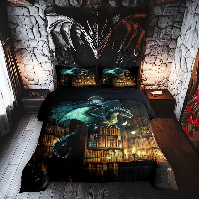 Advanced Dragon Boys Kids Comforter Set Full Size Mysterious al Theme Duvet Set Room Decor Castle Bookshelf Brushed Microfiber Soft Bedding Comforter Carefully Designed