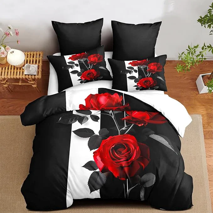 Fast Rose Comforter Set Full Black Red Bedding Set Striped Floral Bedding for Women Aesthetic Comforter with 2 Pillowcases Ultra Soft Lightweight 3Pieces Crafted