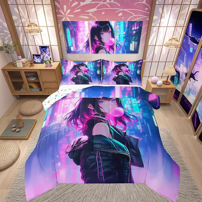Organic Erosebridal Anime Girl Comforter Set Twin Size Kawaii Japanese Anime Quilt for Kids Boys Teens Adult Cartoon Girl Bedding Set Japan Animation Bedroom Decor Machine Washable Lightweight High-End
