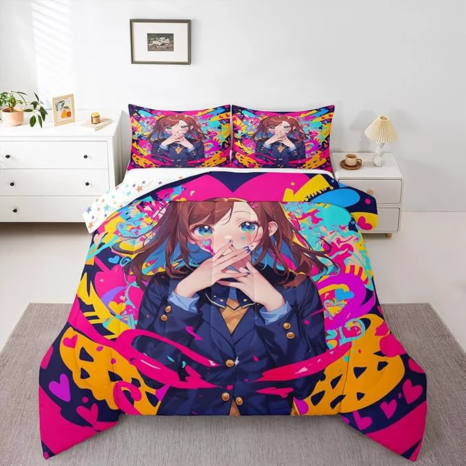 Clean Erosebridal Anime Girl Twin Bedding Set Japanese Anime Comforter Set 3 Piece for Kids Girls Teens Adult Bedroom Decor Cartoon Girl Quilt Kawaii Japanese Animation Bedding Comforter Sets Reliable