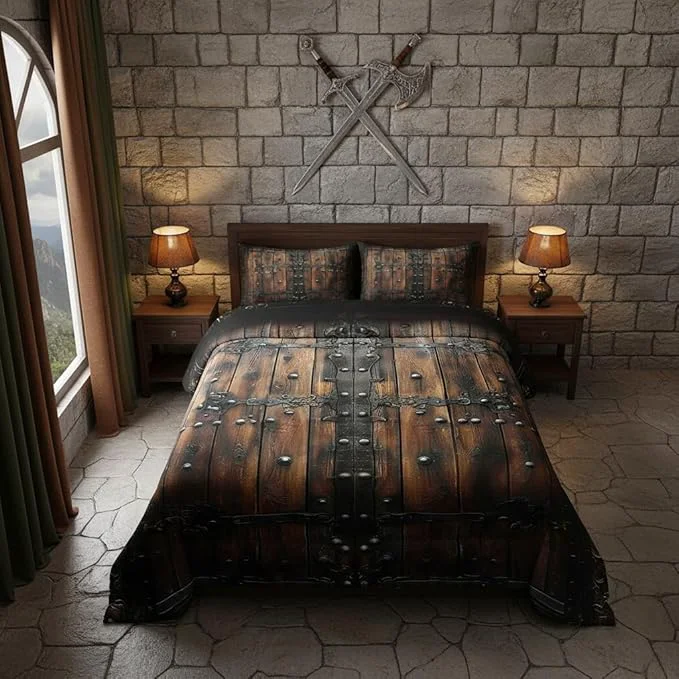 Sustainable Medieval Themed Comforter Duvet Set Castle Knight Wall Ultra Soft Bed Collection Retro Wooden Board Bedding for Room Decor 3 Pcs Microfiber Breathable King Versatile