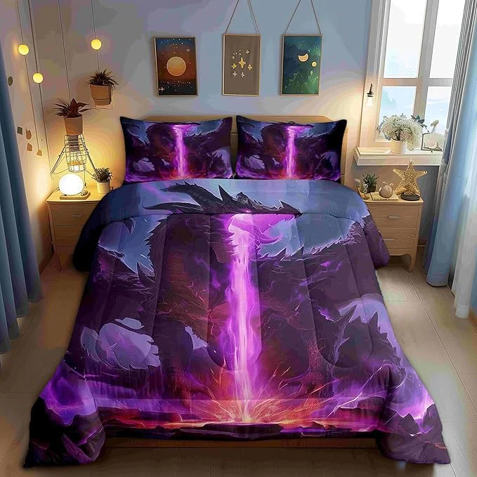 Fashionable Castle Fairy Dragon Bed Comforter Set Queen Size Purple Lightning Flame Super Soft Microfiber Bedding Set for Adults Teens Mysterious Western Animals Comforter Set 2 Pillowcases Dependable