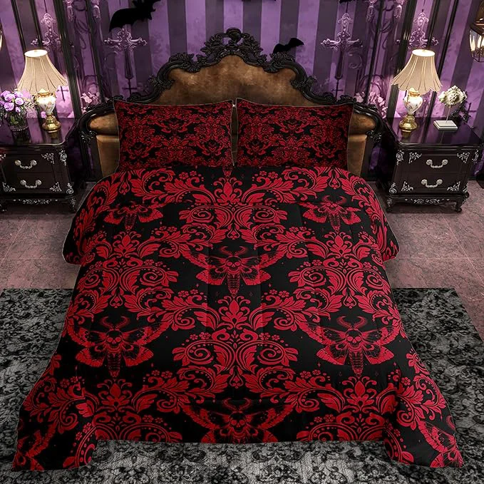 Unique Feelyou Adults Red Vintage Damask Floral Comforter Set Oriental Antique Comforter King Size Gothic Bohemia Boho Flower Bedding Set Gothic Skull Duvet Set Quilt Set 3Pcs User-Friendly