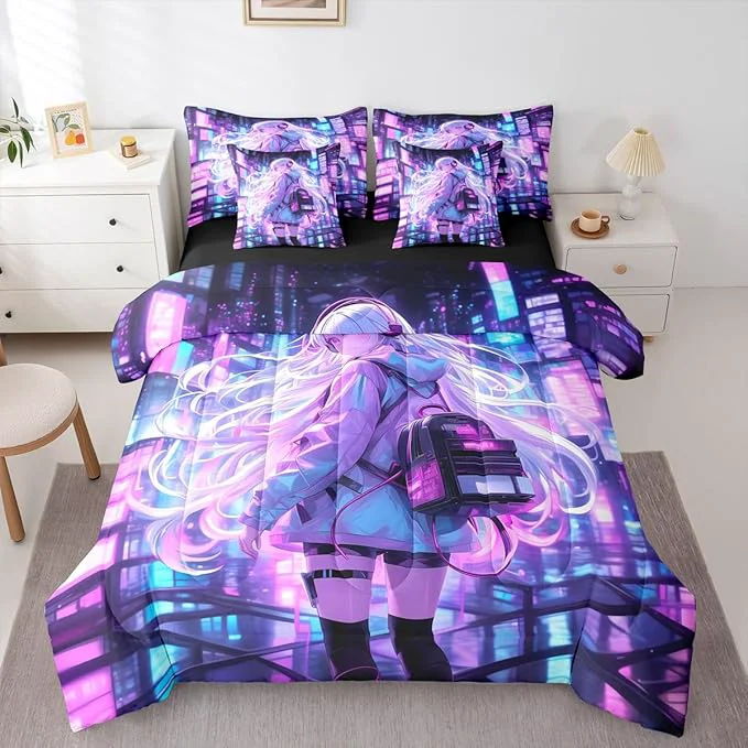 Durable Erosebridal Japanese Girl Bed in A Bag Girly Anime Bedding Set for Kids Sci Fi Style Gaming Twin Comforter Set 7 Piece Room Decor 3D Cartoon Anime Girl Bed Set High-Grade