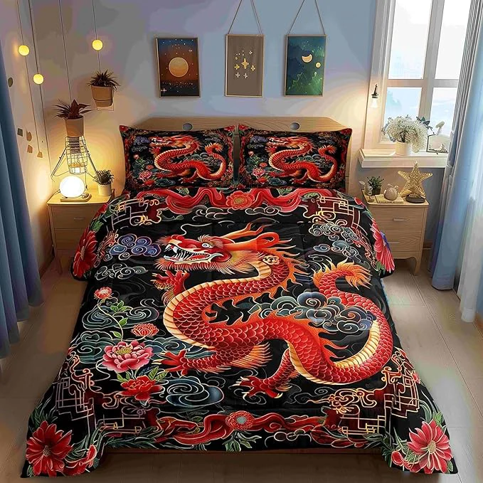 Enhanced Castle Fairy Chinese Loong Kids Comforter Set Watercolor Flowers Bedding Set All Season Exotic Chinese Style Comforter 2 Pcs with 1 Pillowcase Toddler Size Superior