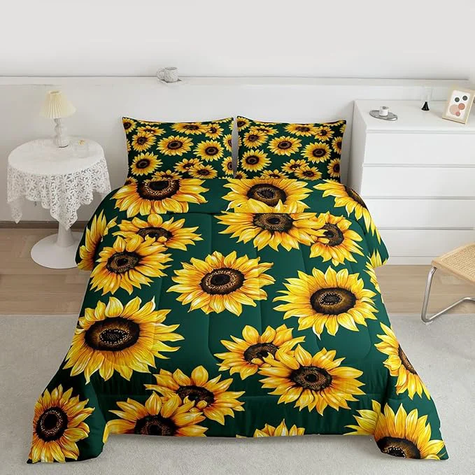 Fine Crafted Erosebridal Sunflower Comforter Set Full Size 3D Floral Bedding Set for Kids Girls Women Adult Yellow Floral Down Comforter Botanical Flower Print Green Quilt Set Blossom Garden Duvet Set Crafted