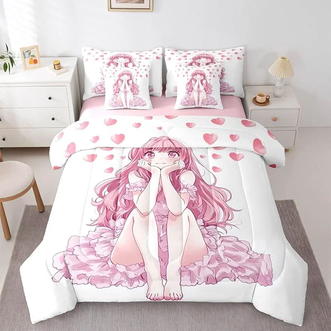 Carefully Designed Erosebridal Pink Kawaii Bedding Set for Kids Cute Anime Girl Bed in A Bag Japanese Style Girl Twin Comforter Set 7 Piece Girly Sheet Set with Comforter Bedroom Decor Stylish