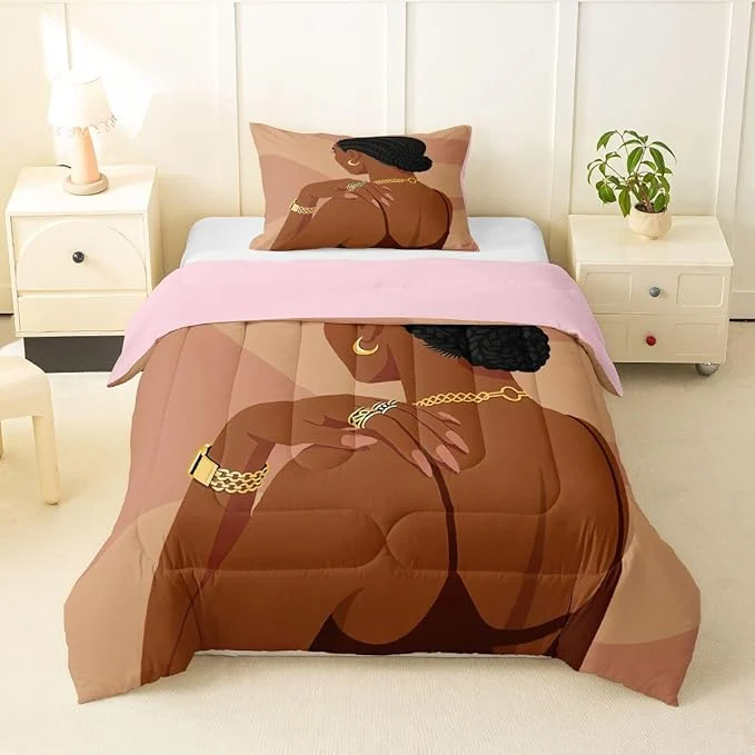 Recyclable Erosebridal Fashion Black Woman Comforter Set Toddler 2 Piece Romantic Makeup Themed Girls Bedding Set Fashionable Gorgeous Down Comforter Vogue Afro Girls Duvet Insert for Kids Teens Adult Bedroom Secure