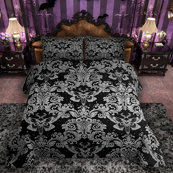 Comfortable Feelyou Adults White Black Vintage Damask Floral Comforter Set Oriental Antique Comforter King Size Gothic Bohemia Boho Flower Bedding Set Gothic Skull Duvet Set Quilt Set 3Pcs Exceptional