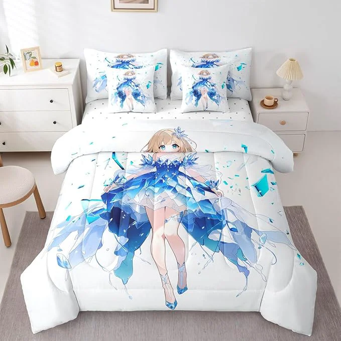High-Performance Erosebridal Anime Girl Full Comforter Set 7 Piece Japanese Girl Bedding Set 3D Anime Cartoon Bed in A Bag for Kids Japanese Style Sheet Set with Comforter Blue Exclusive