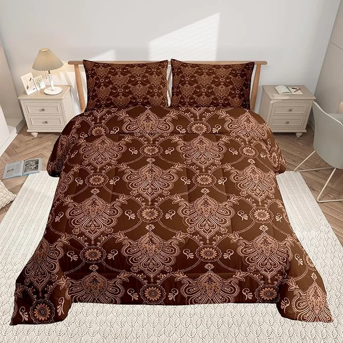 Solid Feelyou Adults Brown Vintage Damask Floral Comforter Set Antique Drawing Classical Paisley Comforter Twin Size Gothic Bohemia Boho Floral Bedding Set Hotel Style Duvet Set Quilt Set 2Pcs Authentic