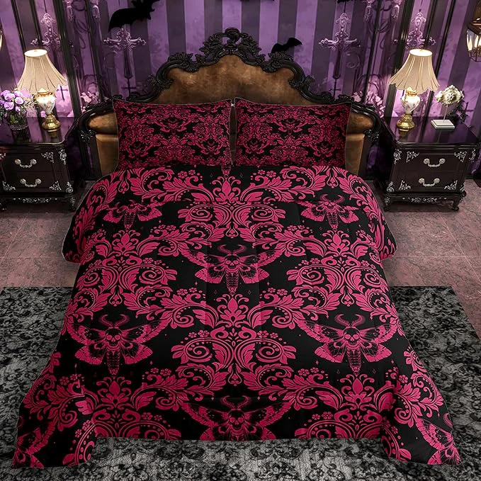 Trendy Feelyou Adults Pink Vintage Damask Floral Comforter Set Oriental Antique Comforter King Size Gothic Bohemia Boho Flower Bedding Set Gothic Skull Duvet Set Quilt Set 3Pcs Prestigious