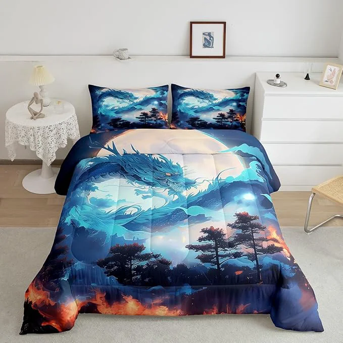 Clean Blue Dragon Comforter Set Queen Size Volcano Moon Starry Sky Bedding Set Kids Boys Girls Room Decor Jungle Animals Western al Quilt Set Exotic Trippy Wildlife Style Duvet Insert 2 Pillowcases Genuine
