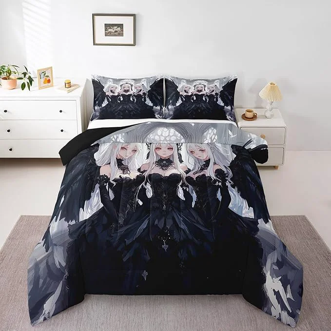 Contemporary Erosebridal Japanese Anime Toddler Size Comforter Set Anime Girl Bedding Set Kawaii Japanese Style Quilt Cartoon Japan Animation Duvet Insert for Boys Teens Adult Women Bedroom Decor Black Selected