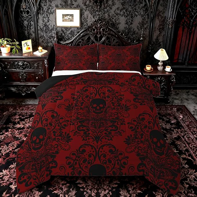 Easy-to-Use Feelyou Adults Gothic Skull Bedding Set Queen Size Kids Damask Print Comforter Goth Bohemian Duvet Breathable Soft Lightweight Microfiber Black Red Room Decor with 2 Pillowcases Optimized