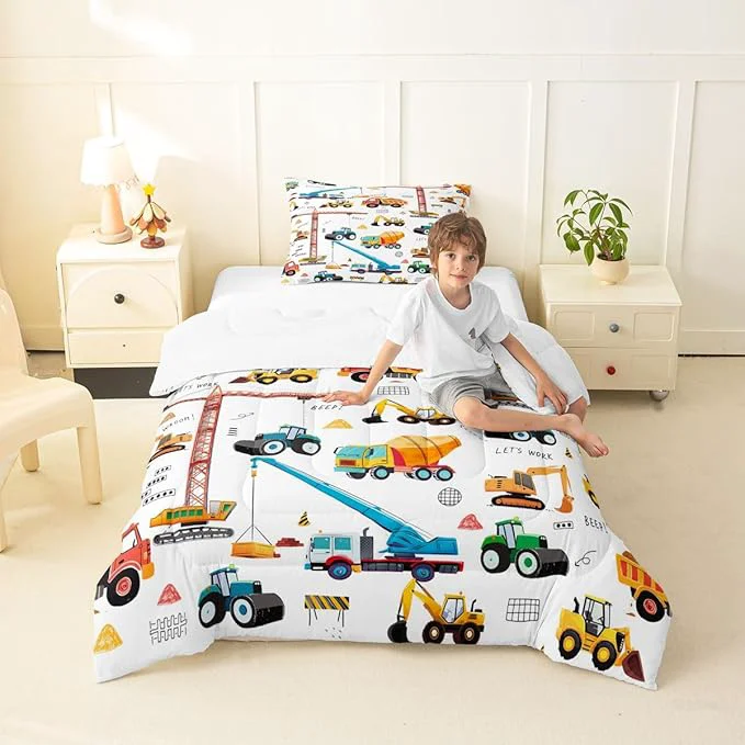 Lightweight Excavator Comforter Set Twin Size Tractor Machinery Trucks Bedding Set Construction Vehicle Down Comforter For Kids Boys Bulldozer Crane Equipment Truck Duvet Set 2Pcs Room Decor Yellow Green Premium Material