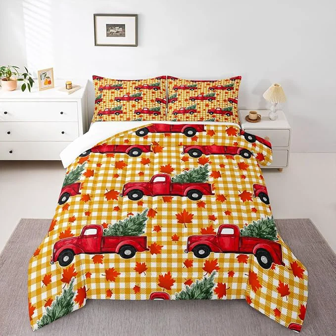Prestigious Erosebridal Christmas Comforter Set Queen Red Truck Down Comforter Xmas Tree Maple Leaves Bedding Set Yellow Lattice Grid Bedding Comforters amp Sets Autum Quilt Set for Kids Teens Bedroom Decor Consistent